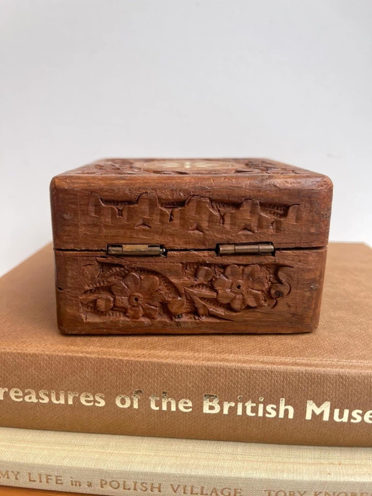 Vintage Indian rosewood hand carved box with inlay