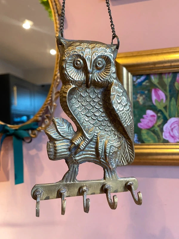 Vintage Brass Owl Key Holder Wall Hooks 5 Hook Rack Hanging Chain