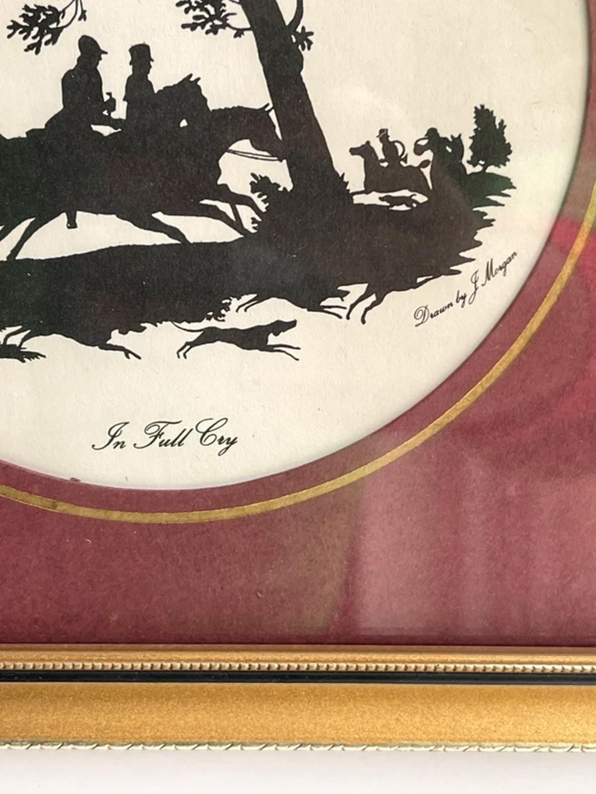 Vintage framed silhouette print drawn by J Morgan titled “In Full Cry”