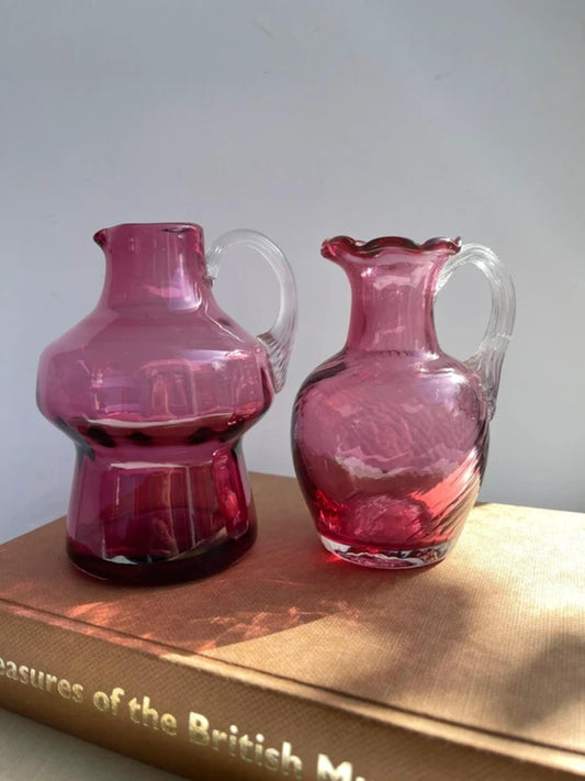 2 Vintage small hand blown cranberry glass jugs bud vases