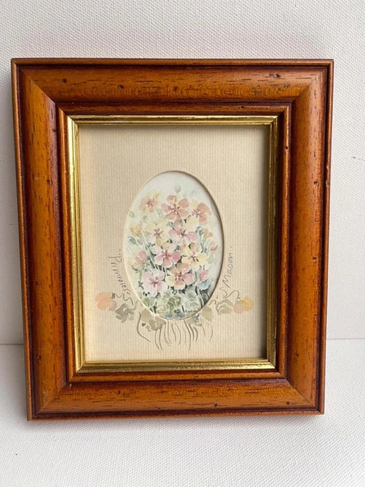 Vintage miniature oval framed floral watercolour print in wooden frame, botanical wall art, cottagecore home decor, traditional gallery wall accent, rustic farmhouse styling and charming vintage floral display.
