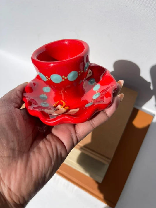 Handpainted studio pottery red waved ceramic egg cup with charming cow motif, artisan handmade pottery, rustic farmhouse breakfast table decor, cottagecore kitchen accessory and unique collectible gift.