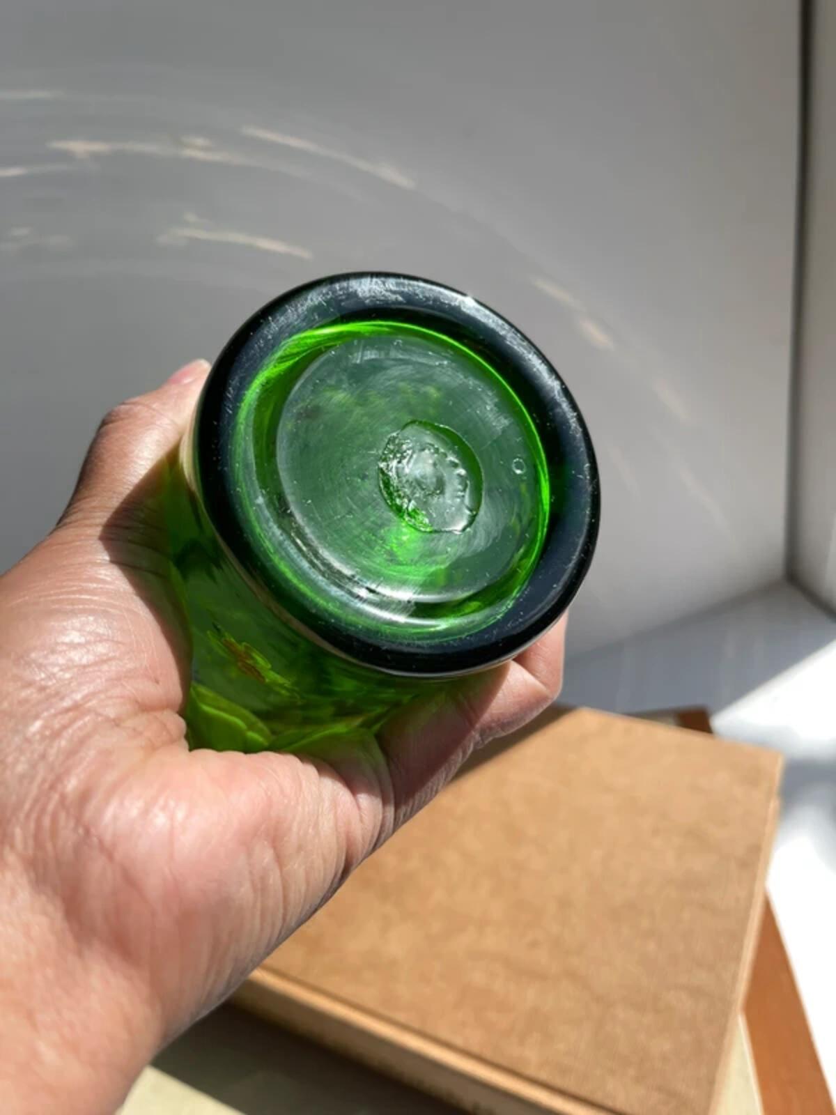 Vintage hand blown green glass hand painted florals
