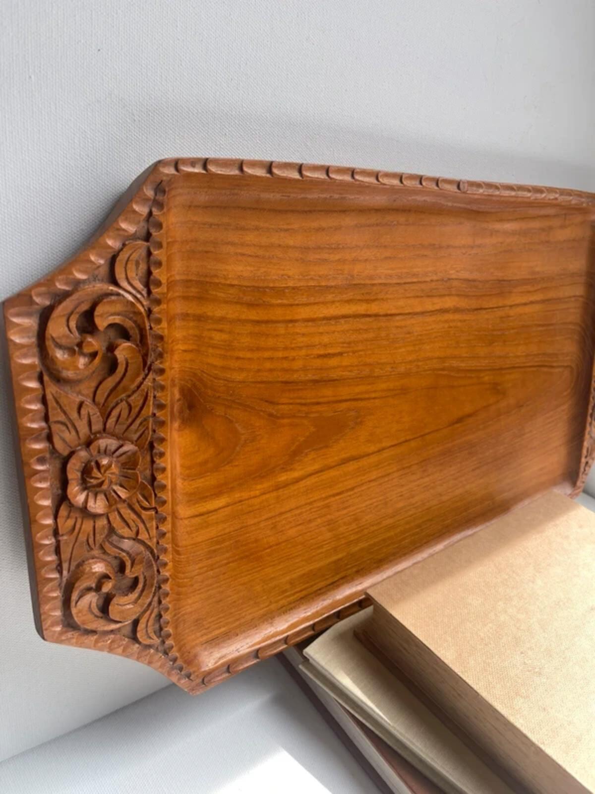 Teakwood tray – large carved serving tray in rectangular shape – vintage