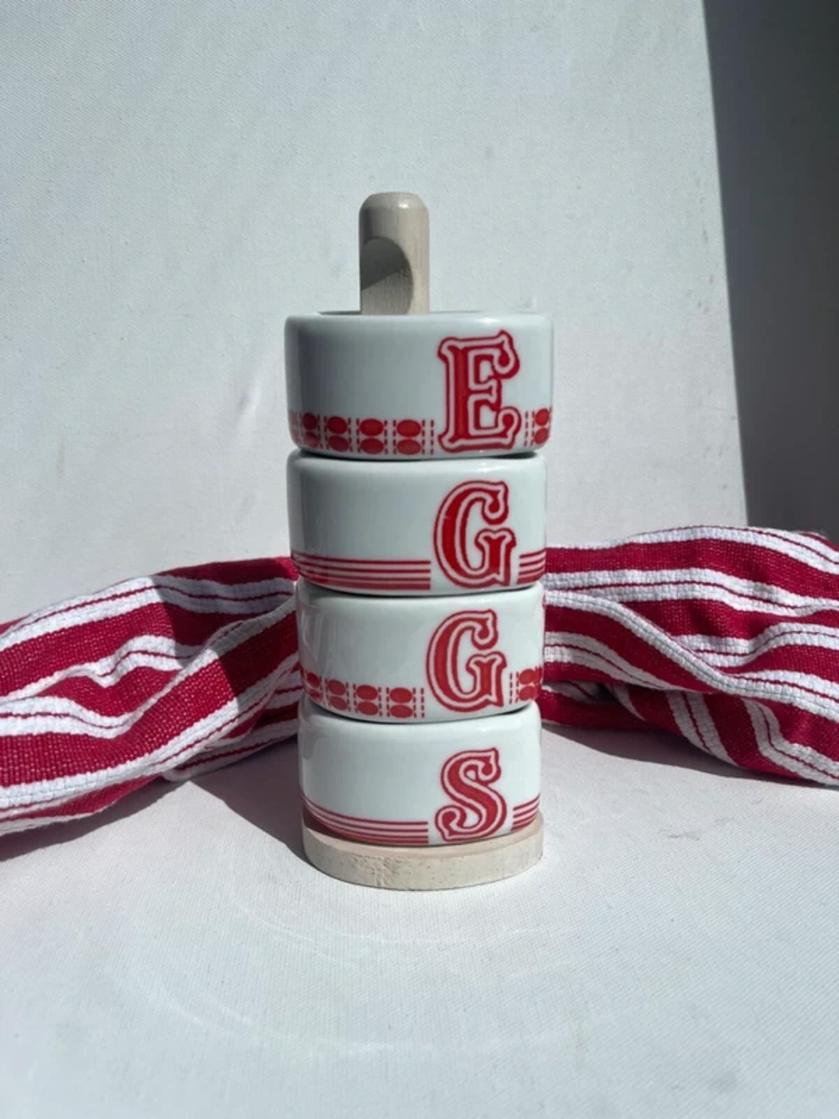 Jamie Oliver vintage style Ceramic Egg Cups Stack Tower Stand Red & White