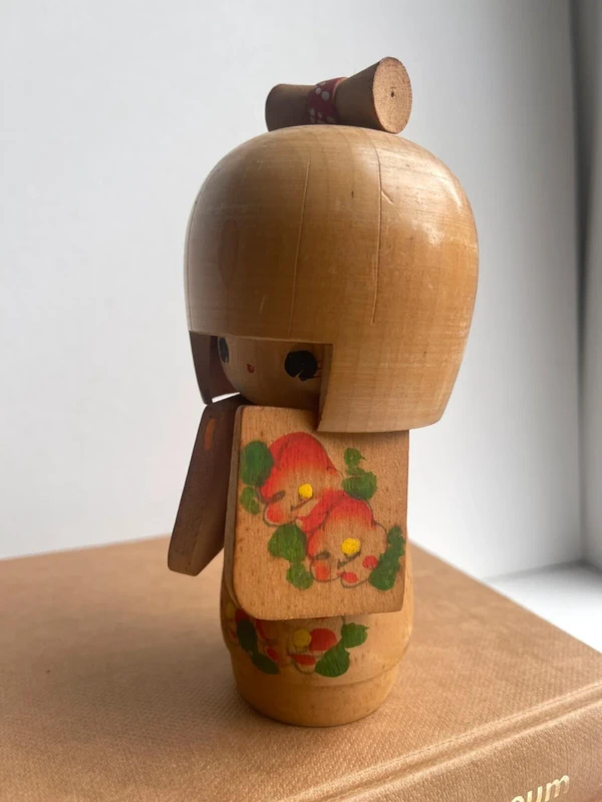 Vintage Japanese Kokeshi Doll Wooden Hand Painted Peach Kimono Red Bow