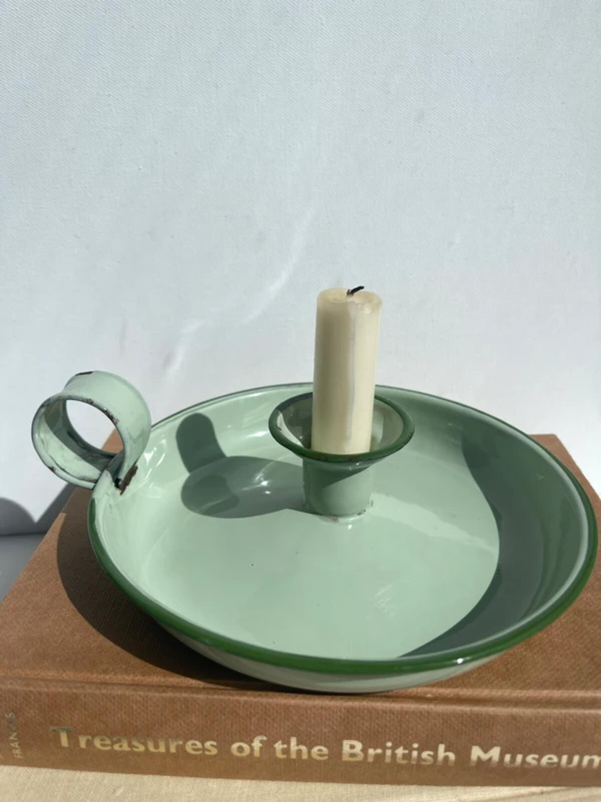 Vintage French green enamel candleholder chamberstick candle stick holder