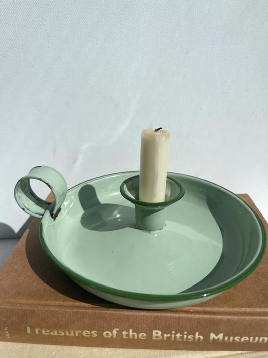 Vintage French green enamel candleholder chamberstick candle stick holder