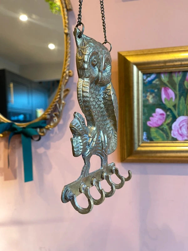 Vintage Brass Owl Key Holder Wall Hooks 5 Hook Rack Hanging Chain