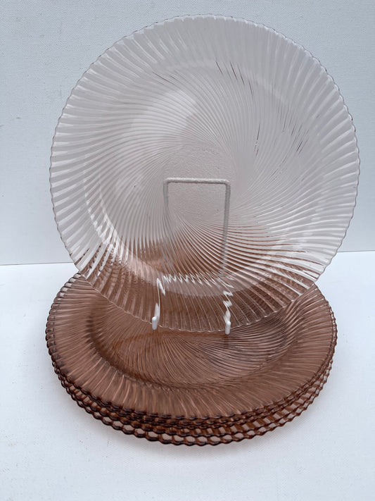 Vintage Pasabahce pink glass dinner plate with shell swirl pattern, 9.5 inch pressed glass tableware, pale blush pink serving plate, coastal cottagecore and retro dining decor.