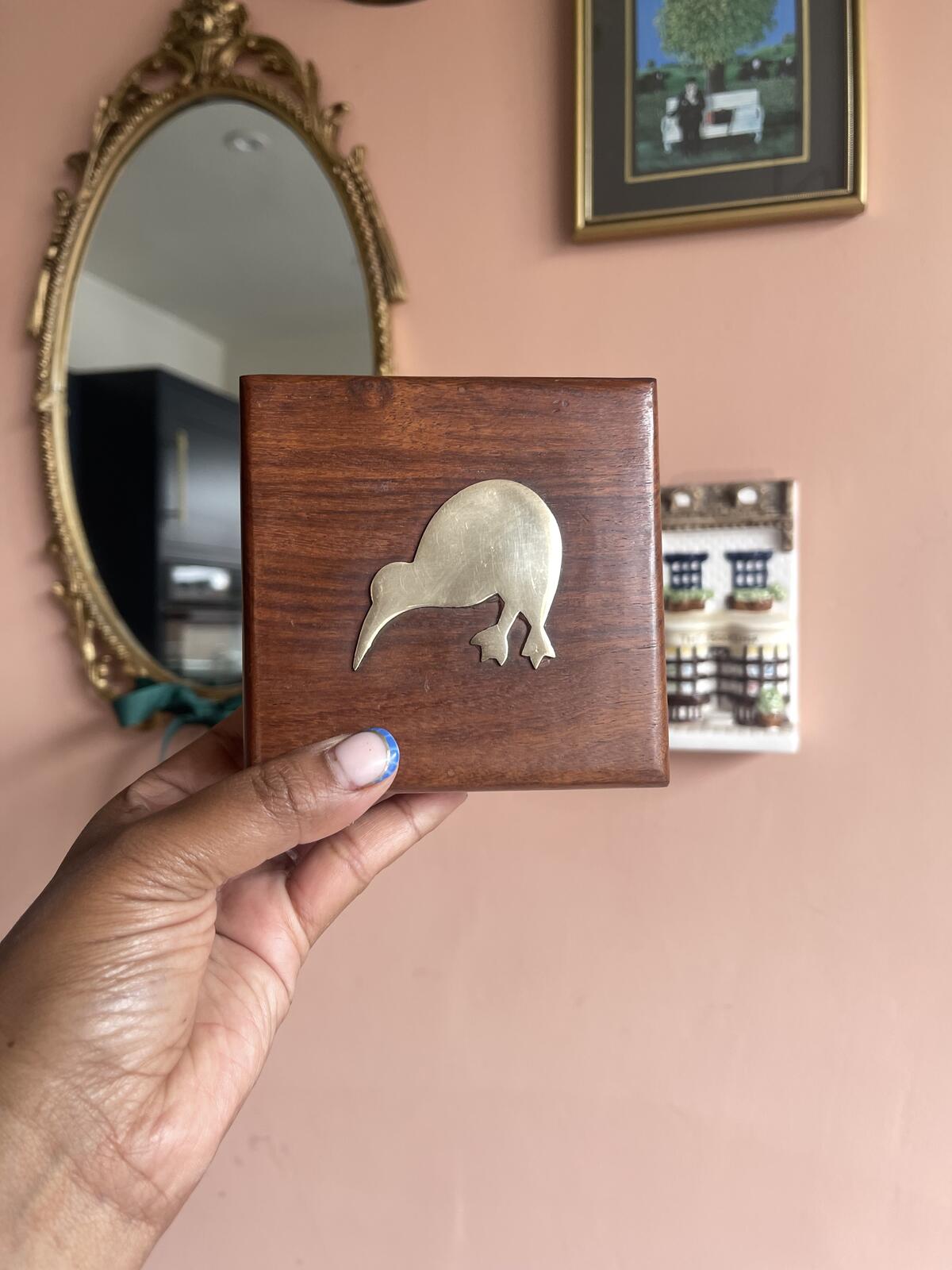 Vintage inlay brass hard wood trinket box with kiwi bird