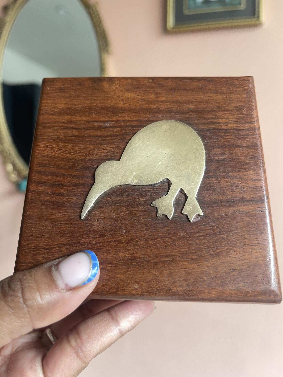 Vintage inlay brass hard wood trinket box with kiwi bird