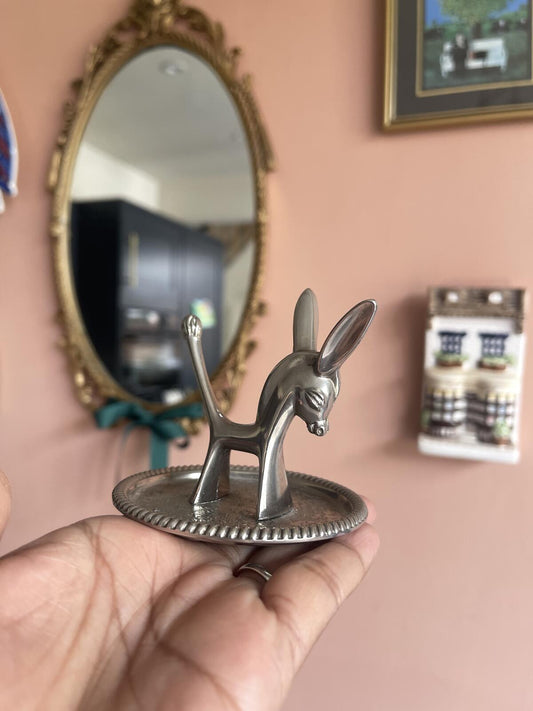 Vintage Seba silver plated donkey ring holder with trinket dish, made in England, decorative jewellery organiser for rings, earrings and keys, whimsical vintage vanity decor and unique animal lover gift.