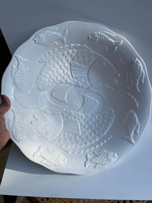 Large white ceramic bowl with embossed Koi fish neutral home decor