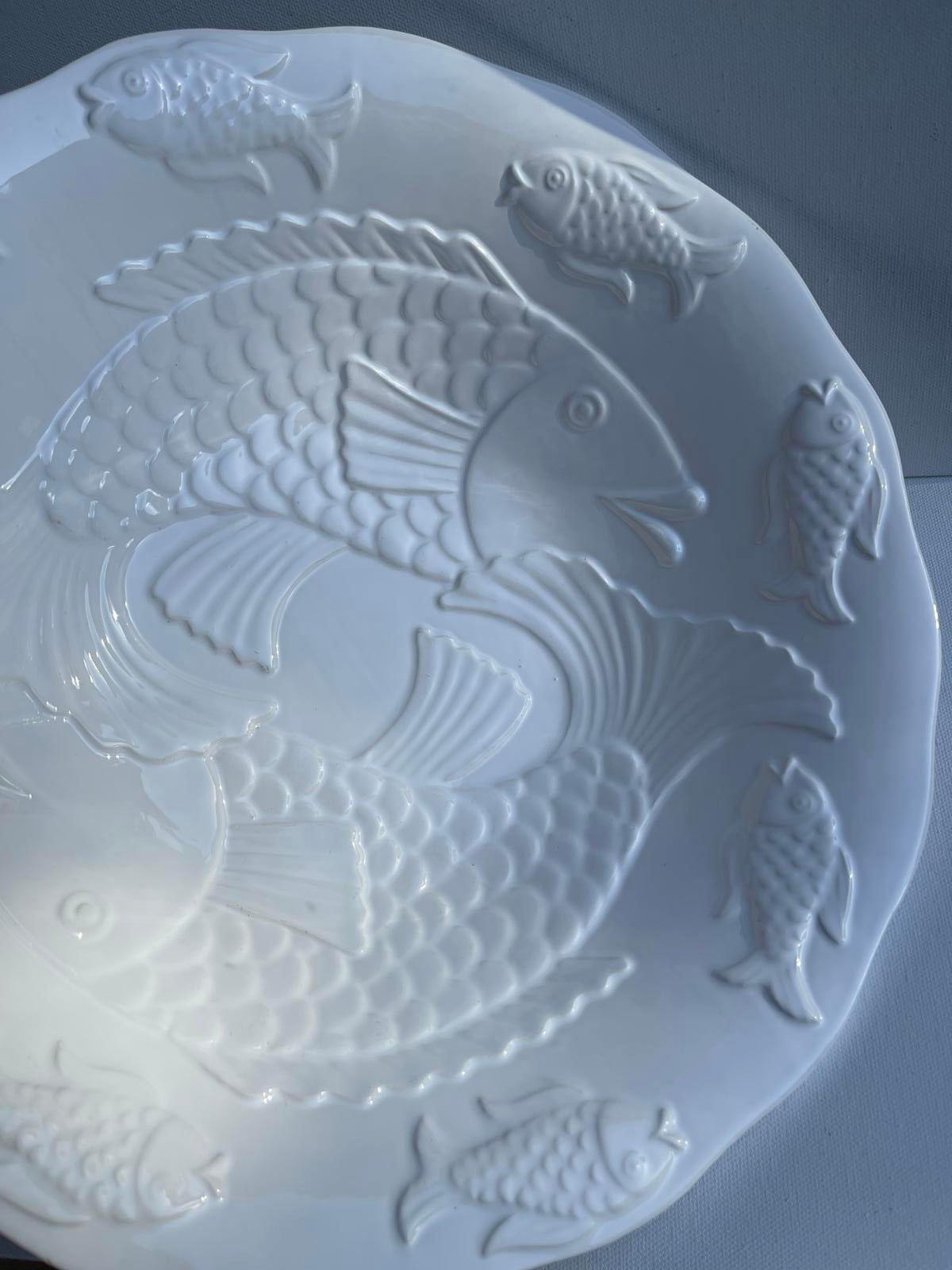 Large white ceramic bowl with embossed Koi fish neutral home decor