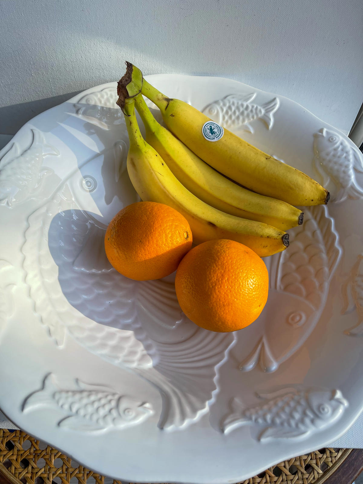 Large white ceramic bowl with embossed Koi fish neutral home decor