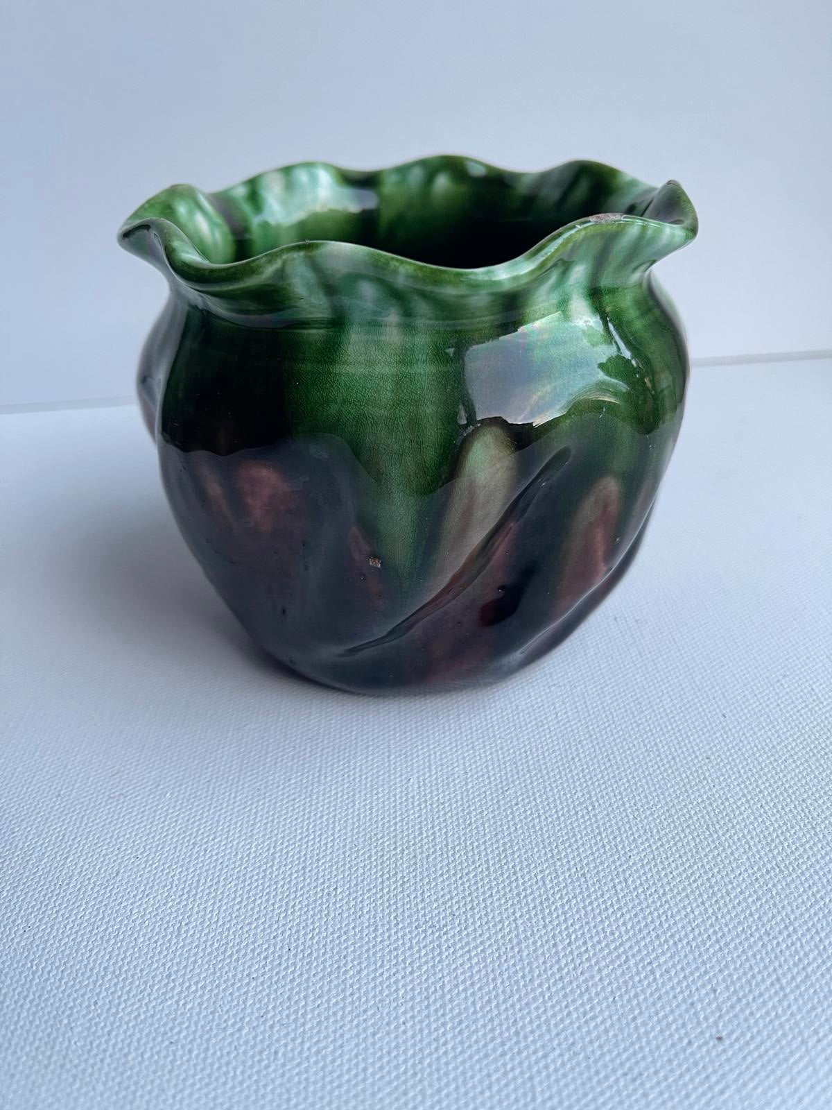 Vintage pottery drip glaze green and brown display studio pottery ruffled edge
