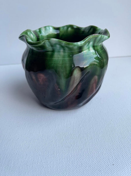 Vintage pottery drip glaze green and brown display studio pottery ruffled edge