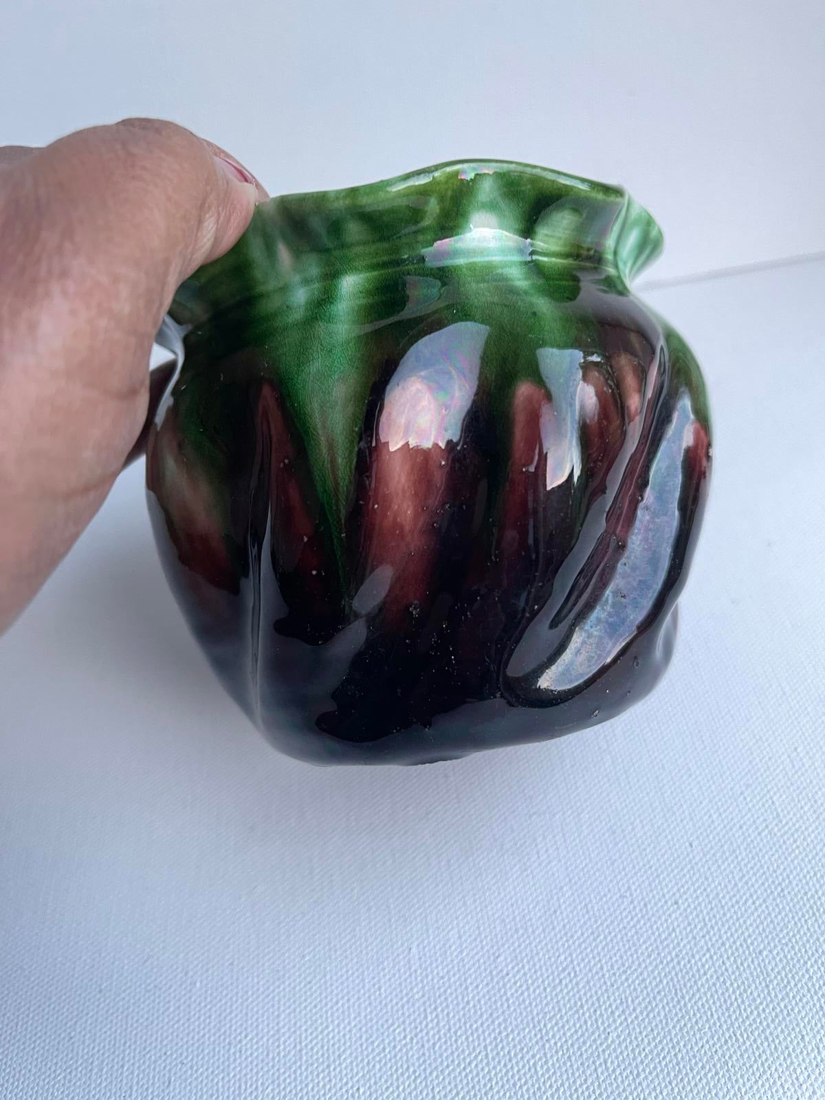 Vintage pottery drip glaze green and brown display studio pottery ruffled edge