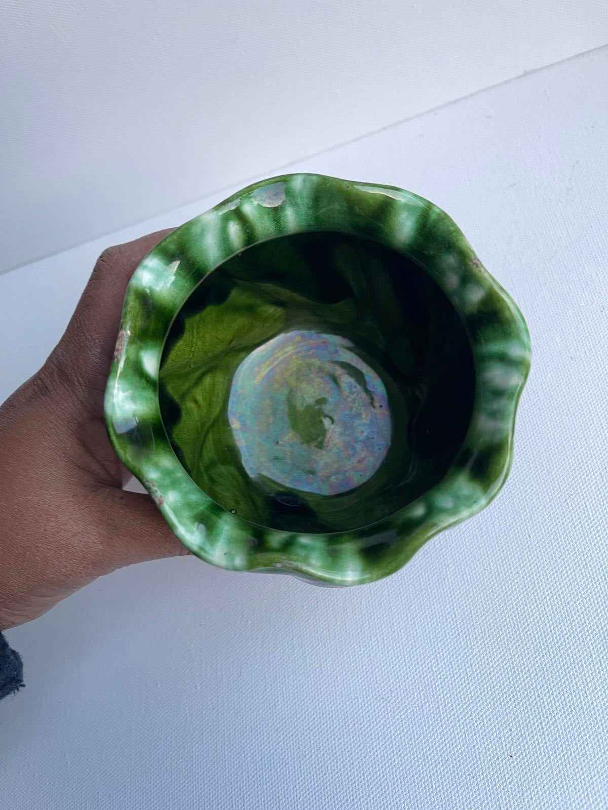 Vintage pottery drip glaze green and brown display studio pottery ruffled edge