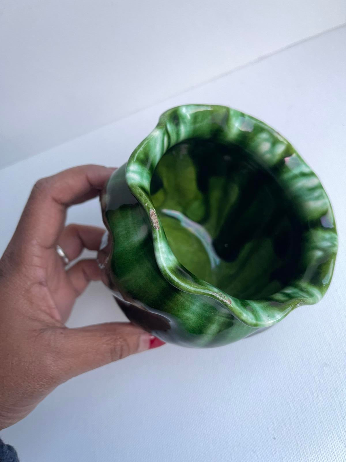 Vintage pottery drip glaze green and brown display studio pottery ruffled edge