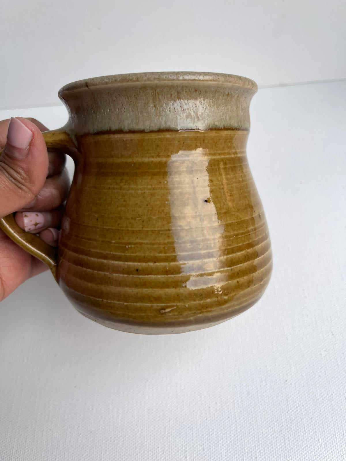 Vintage large brown two stoned studio stoneware mug marked