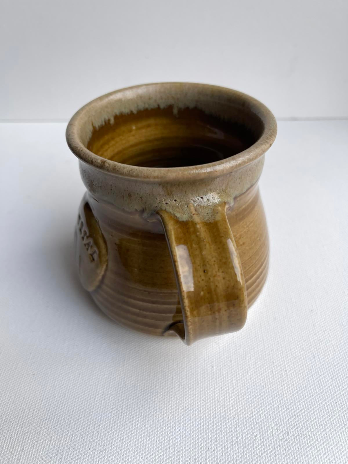 Vintage large brown two stoned studio stoneware mug marked