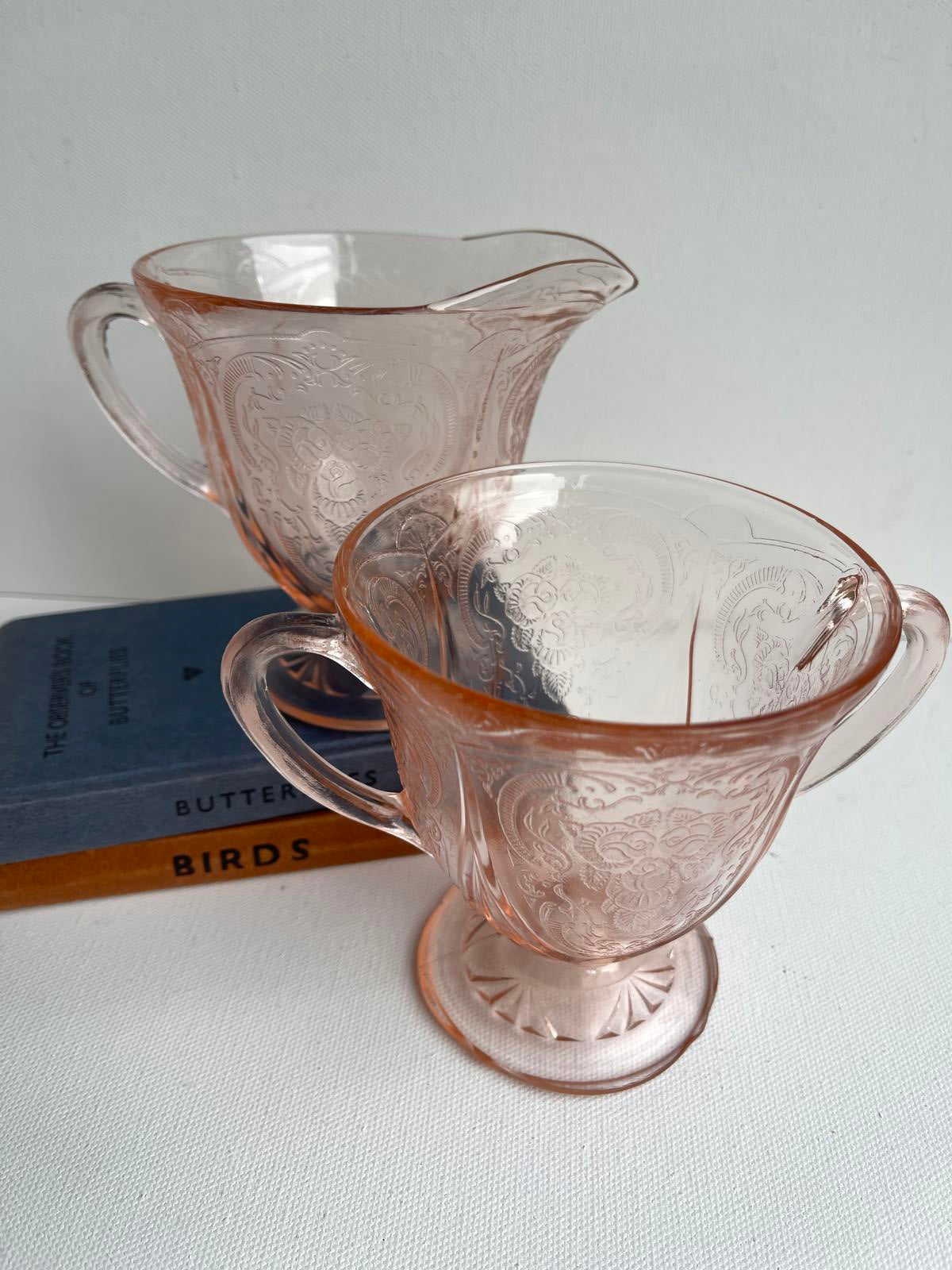 Vintage Hazel Atlas Royal Lace pink depression glass sugar bowl and creamer