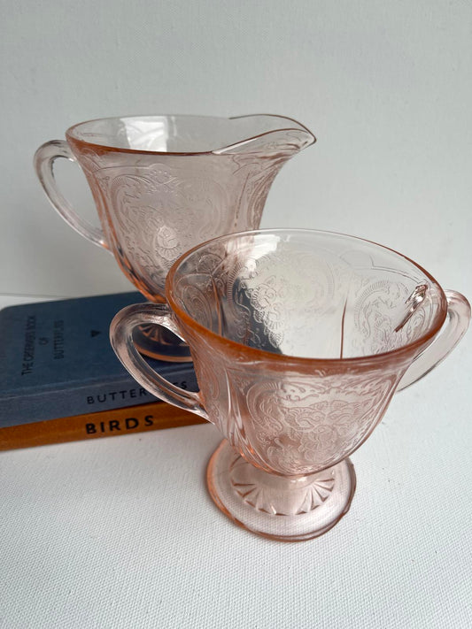 Vintage Hazel Atlas Royal Lace pink depression glass sugar bowl and creamer