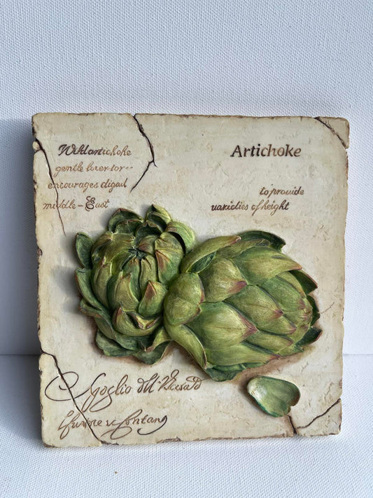 Vintage Hand Painted Wall Plaque St Michael Green Red Artichoke Tile 1990s Decor