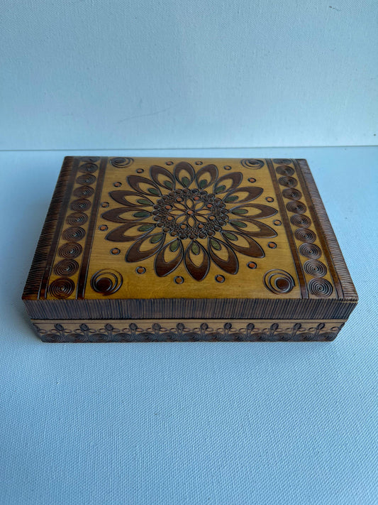 Vintage hand carved wooden box from Poland with a gorgeous design