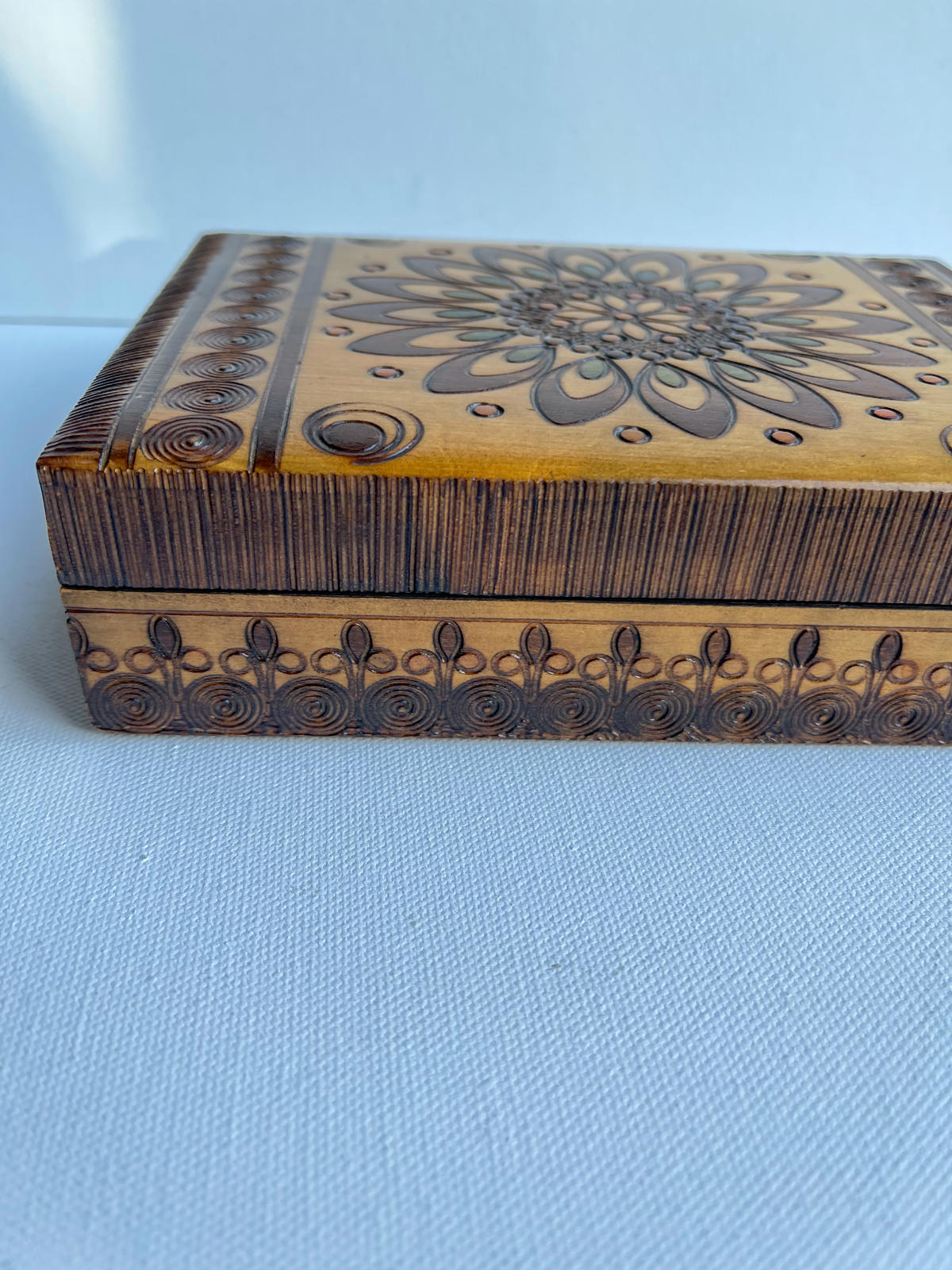 Vintage hand carved wooden box from Poland with a gorgeous design