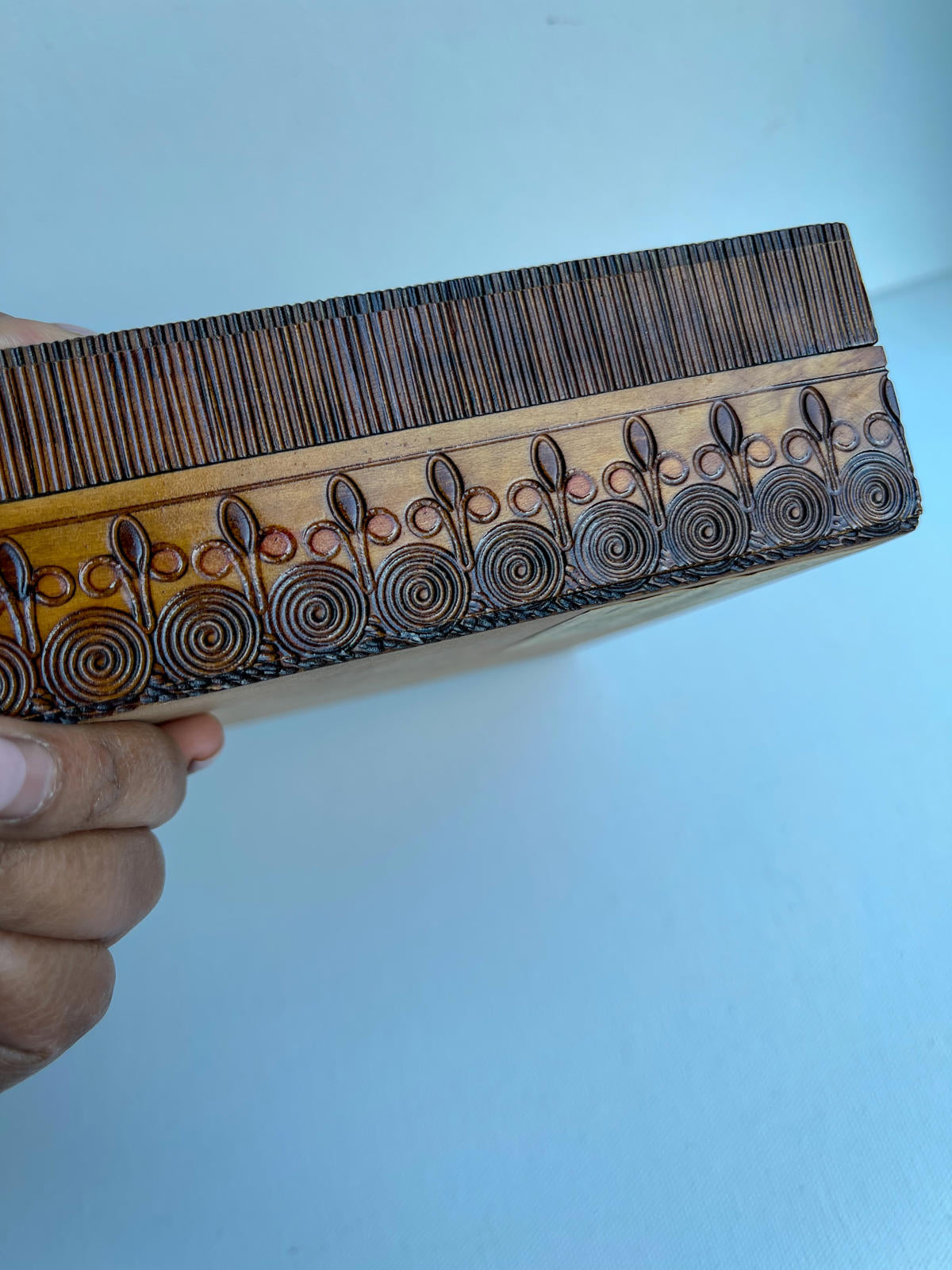 Vintage hand carved wooden box from Poland with a gorgeous design