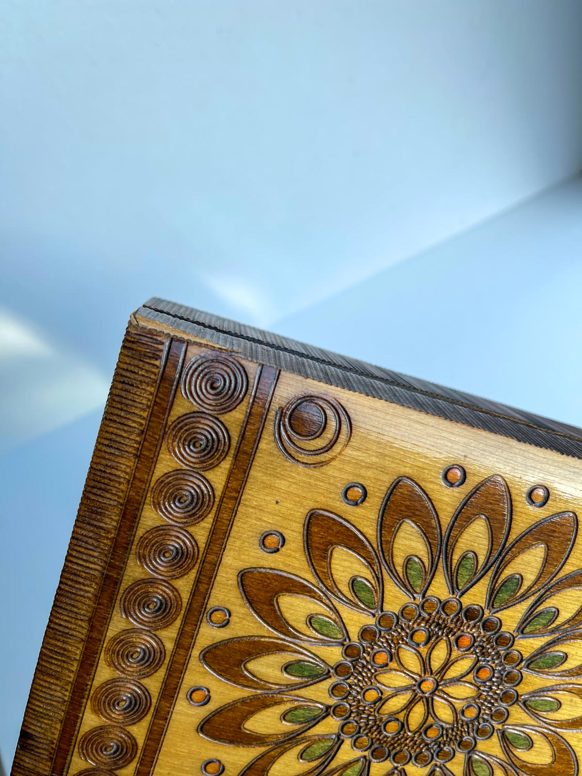 Vintage hand carved wooden box from Poland with a gorgeous design