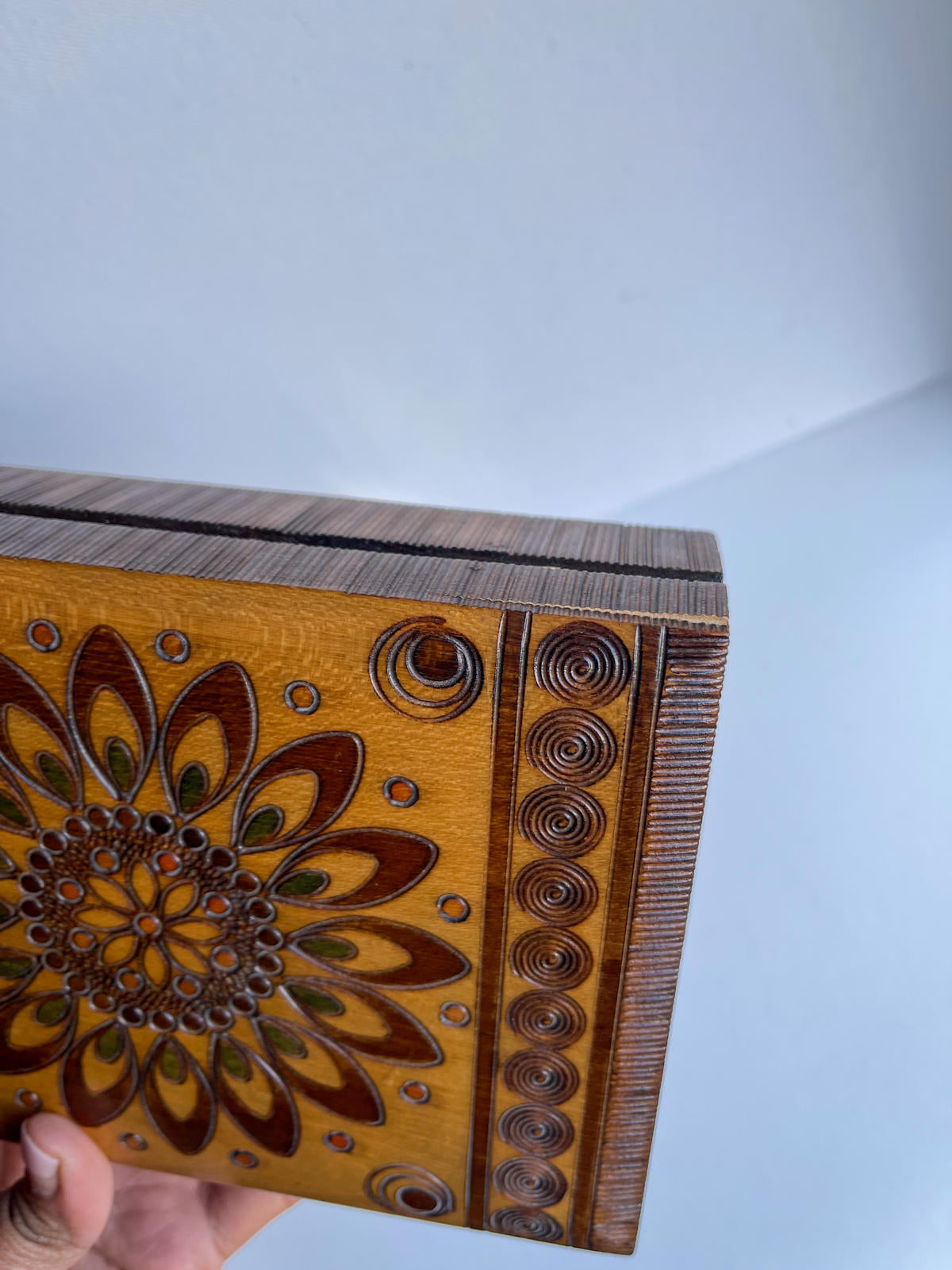 Vintage hand carved wooden box from Poland with a gorgeous design