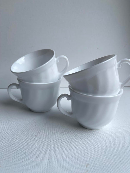 Vintage Set of 4 Arcopal coffee cups with white Swirl Design France milk glass