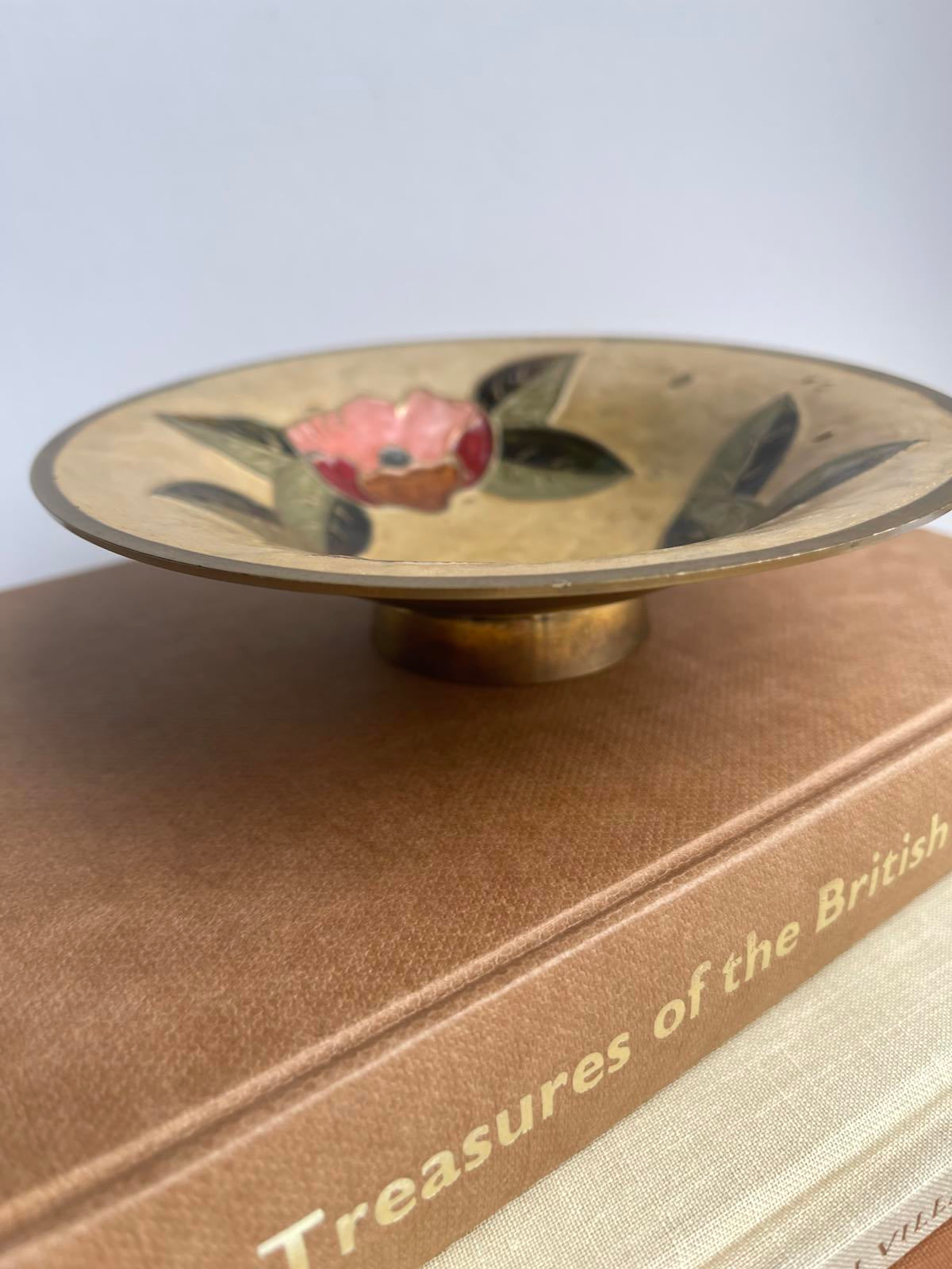 Vintage brass enamelled floral design footed dish