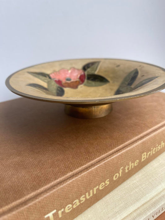 Vintage brass enamelled floral design footed dish