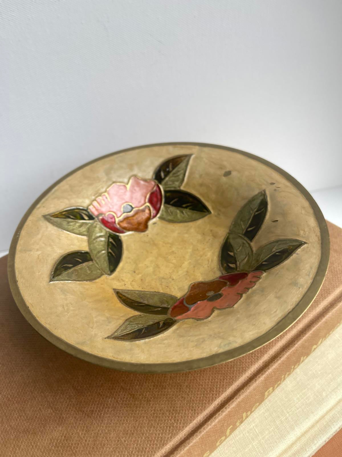 Vintage brass enamelled floral design footed dish