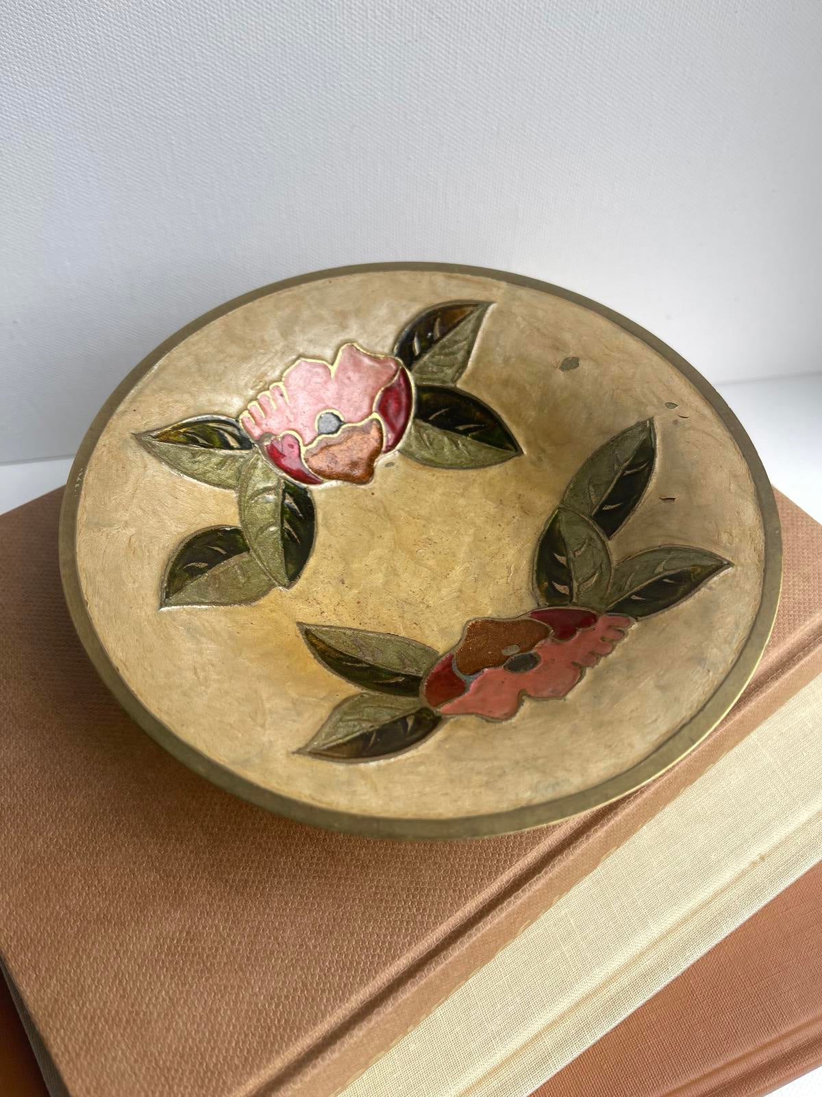 Vintage brass enamelled floral design footed dish