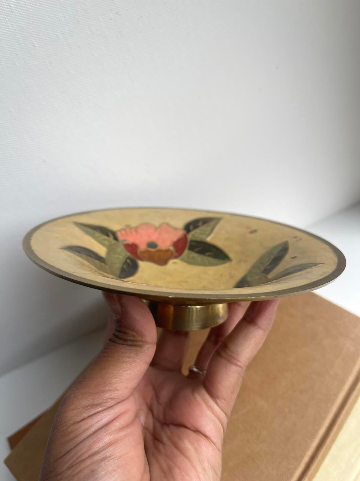 Vintage brass enamelled floral design footed dish