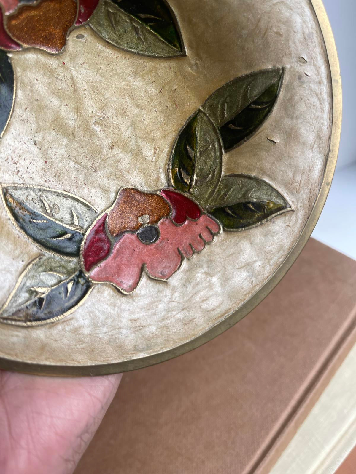Vintage brass enamelled floral design footed dish