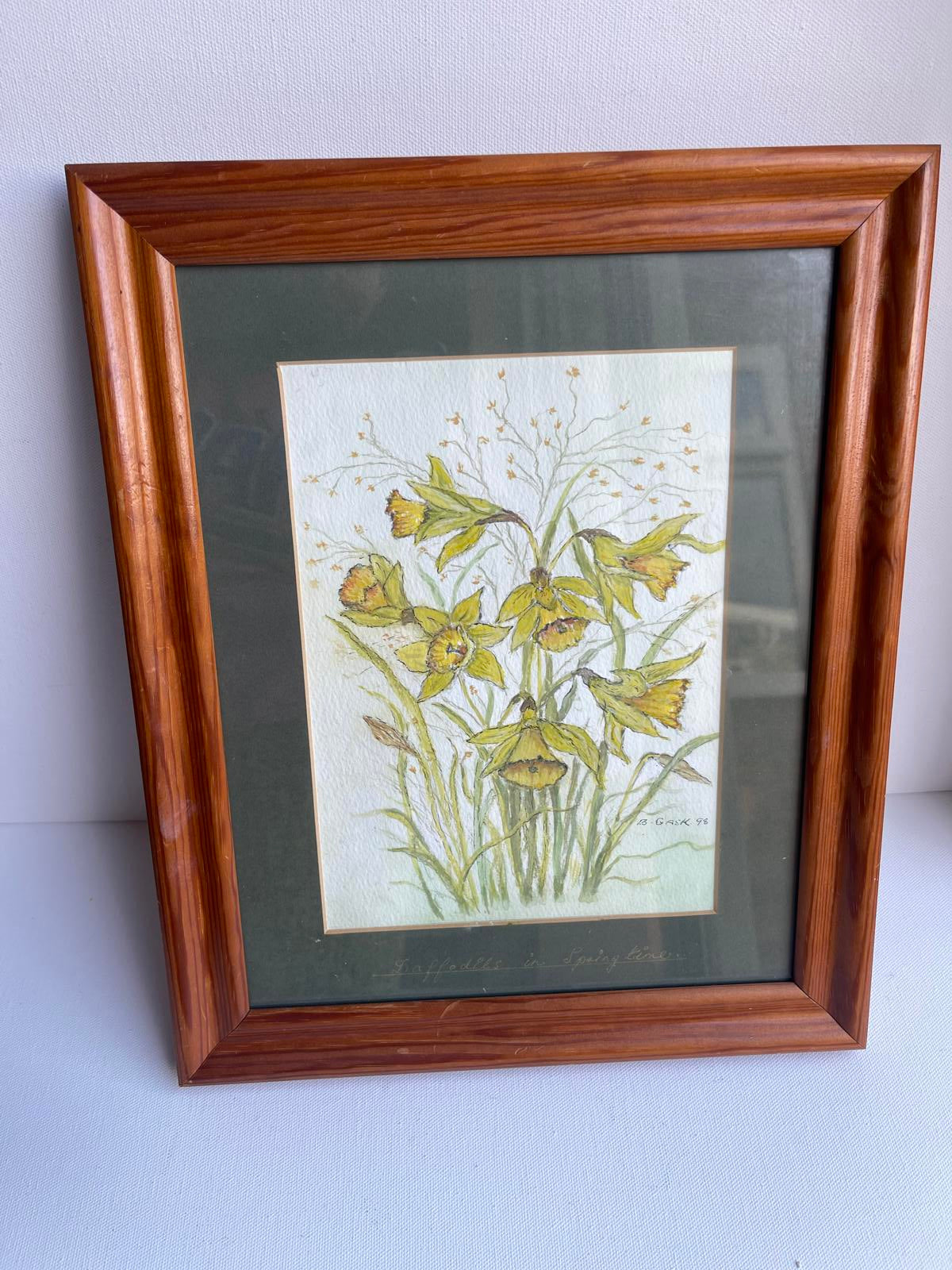 vintage original daffodil painting in wooden frame