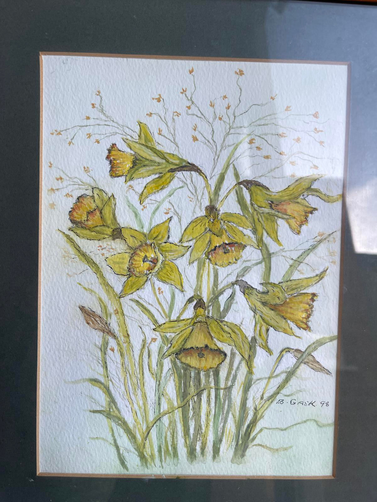 vintage original daffodil painting in wooden frame