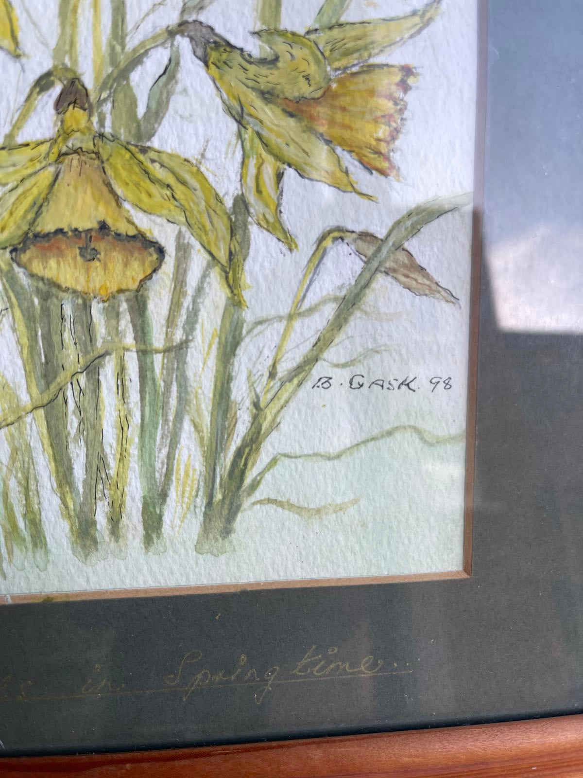 vintage original daffodil painting in wooden frame