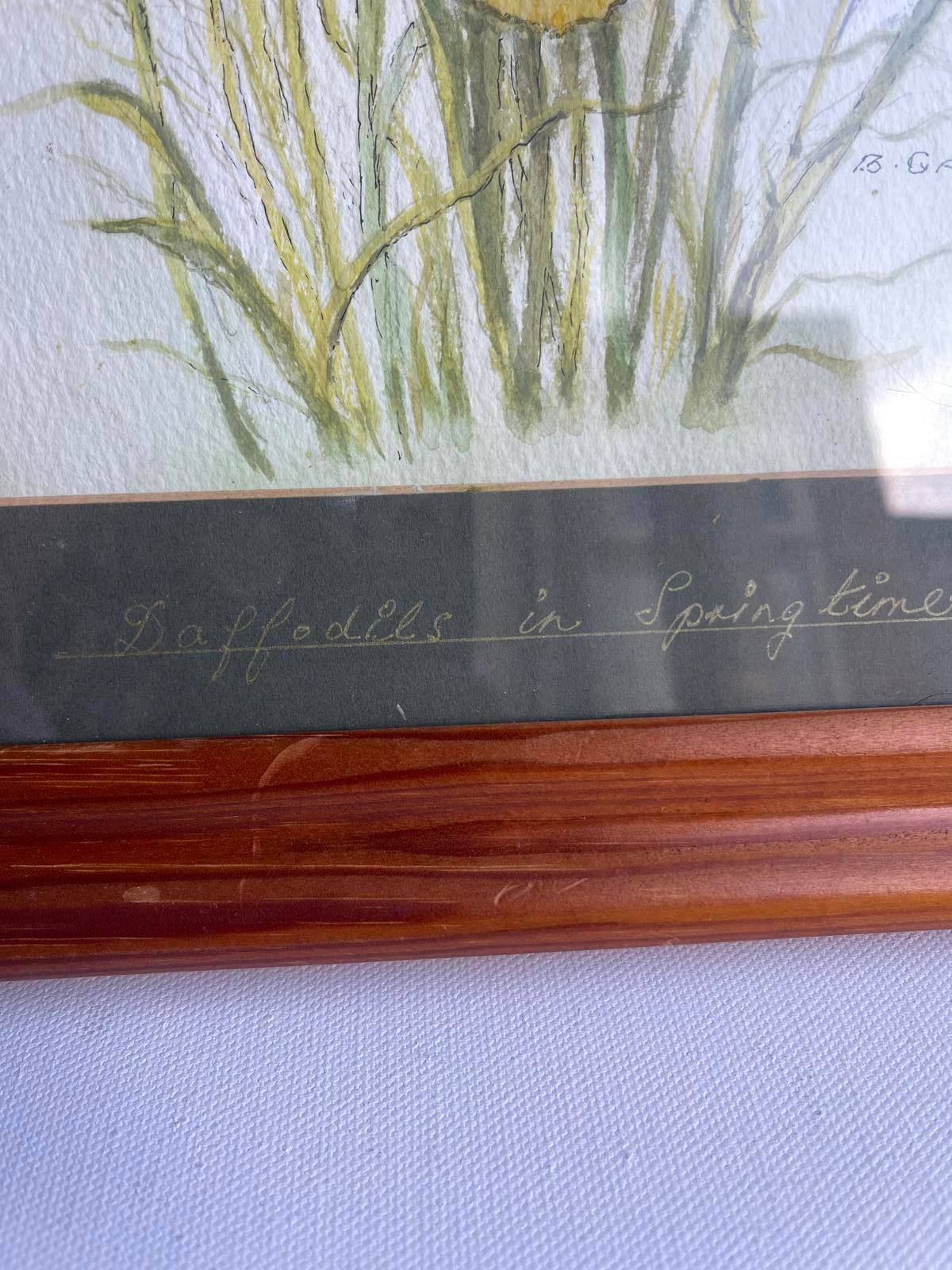 vintage original daffodil painting in wooden frame