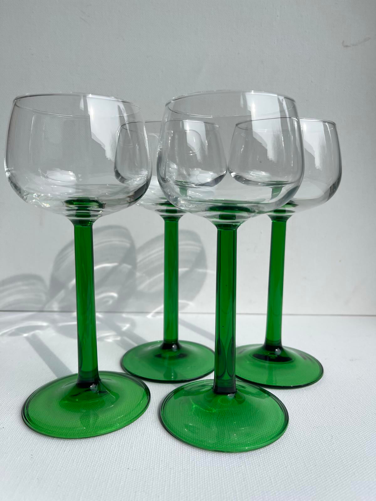 4 Vintage Luminarc emerald green stemmed hock glasses 1970s retro glassware
