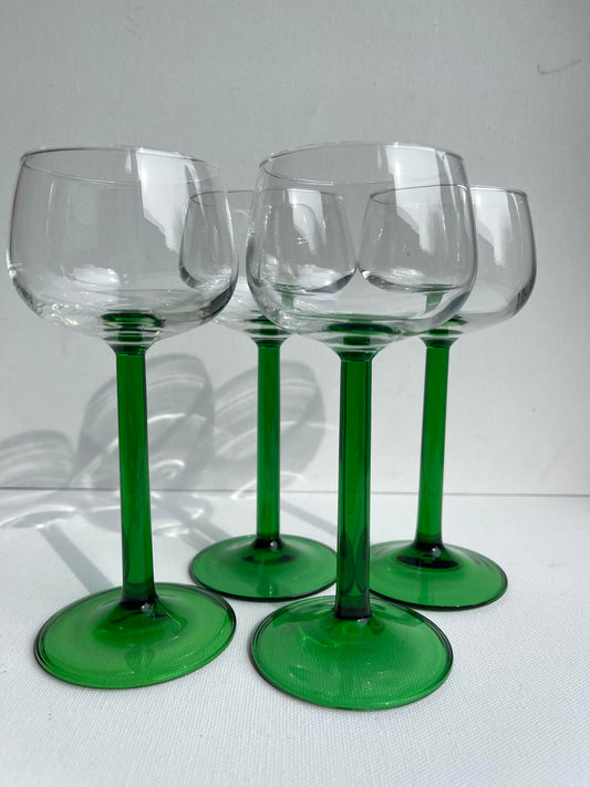 4 Vintage Luminarc emerald green stemmed hock glasses 1970s retro glassware