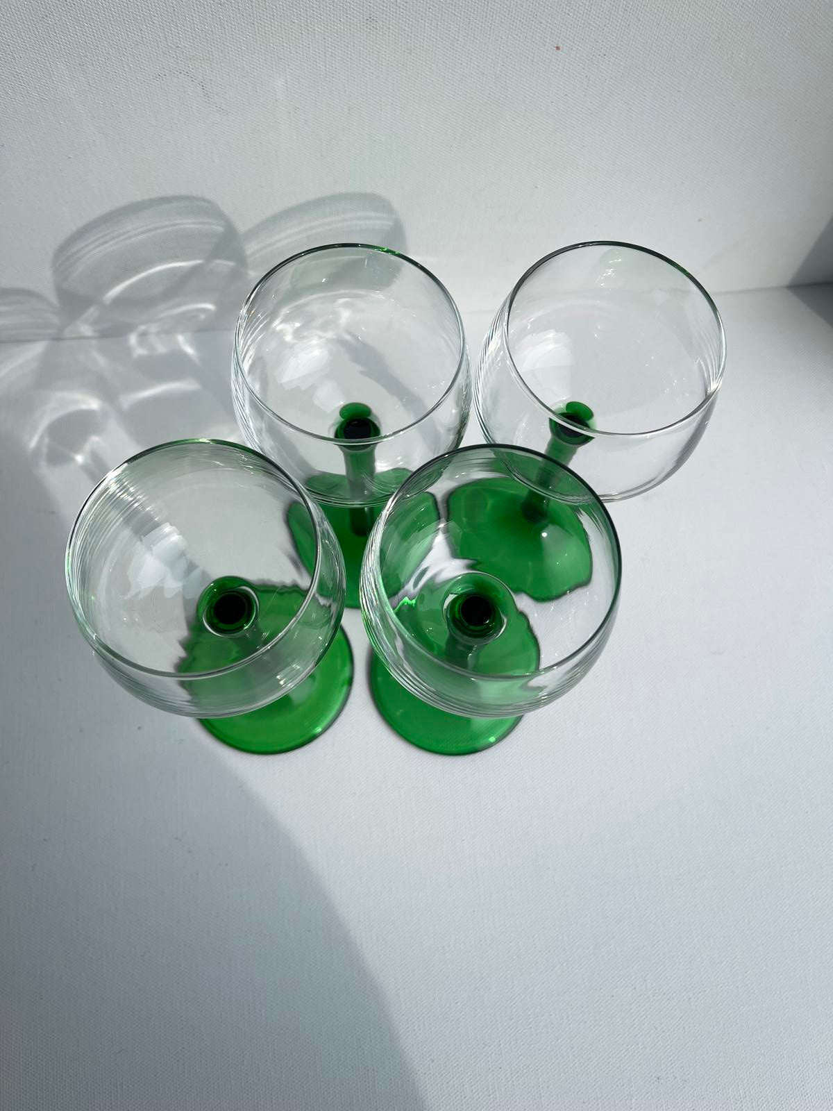 4 Vintage Luminarc emerald green stemmed hock glasses 1970s retro glassware