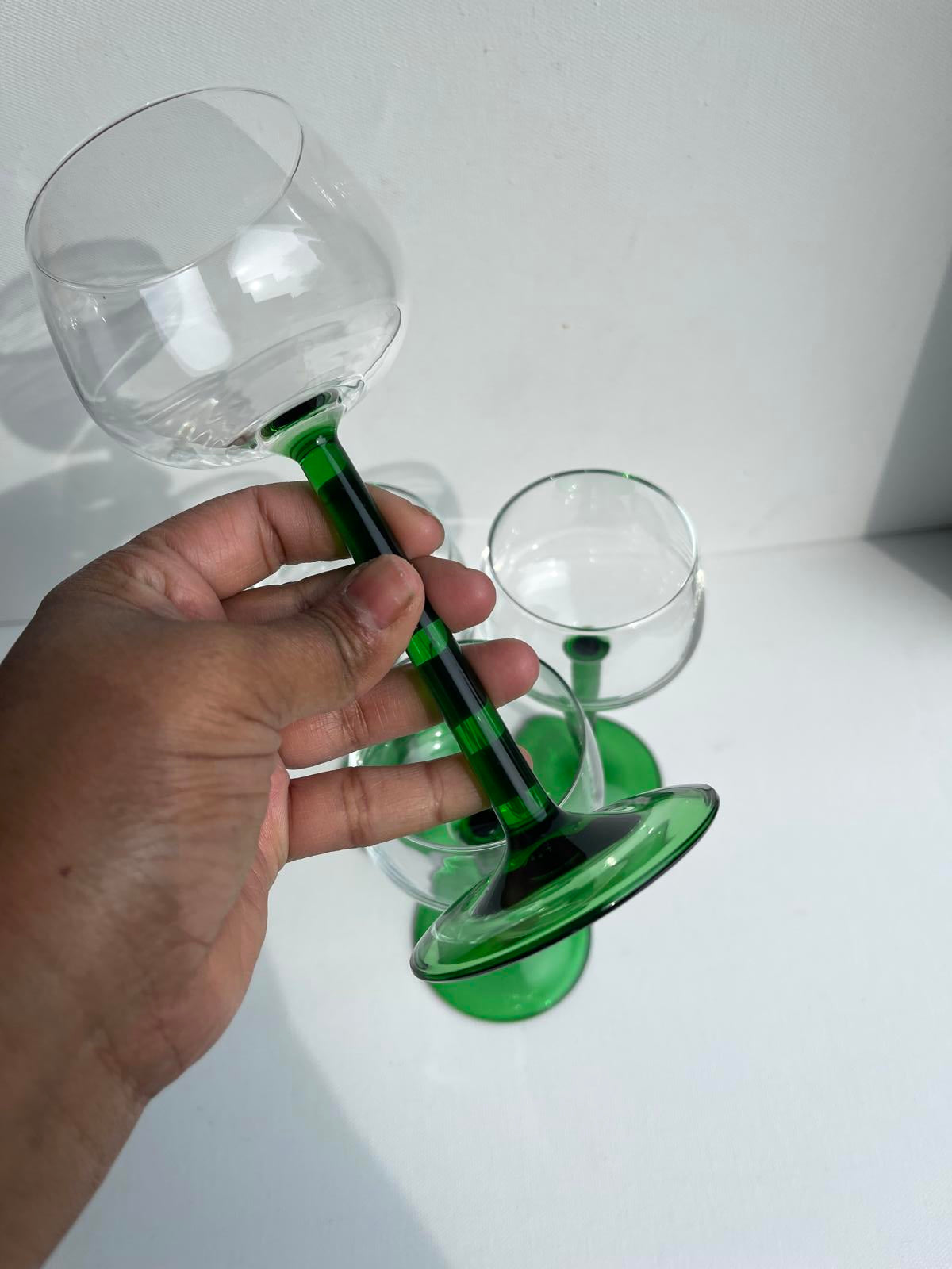 4 Vintage Luminarc emerald green stemmed hock glasses 1970s retro glassware